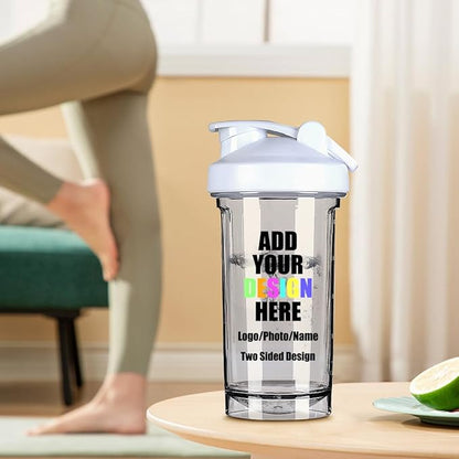 Custom Plastic Shaker Bottles with Handle, Personalized Fitness Shaker Bottles with Your Own Design/Logo/Name, Sports Water Bottle Leak Proof Cup for Protein Mixes, White