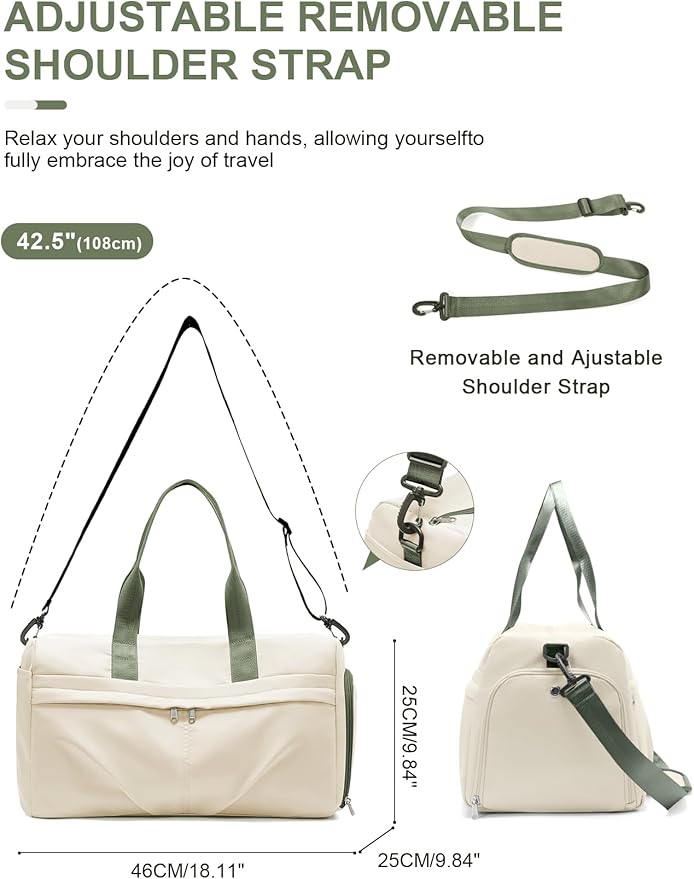 Gym Bag for Women Men with Shoe Compartment, Sport Duffel Bag, Waterproof Travel Weekender Overnight Carry on Bag for Yoga with Trolley Sleeve, Beige Green