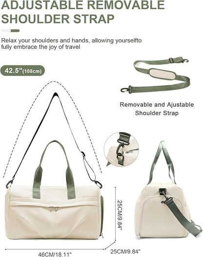 Gym Bag for Women Men with Shoe Compartment, Sport Duffel Bag, Waterproof Travel Weekender Overnight Carry on Bag for Yoga with Trolley Sleeve, Beige Green
