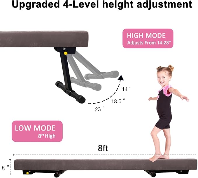 GLANT 8ft Ultrasimple Adjustable&Foldable Balance Beam,High-Low Floor Beam Suede Gymnastics Equipment,No Tool Require, Gymnastics Beam for Training&Professional HomeTraining