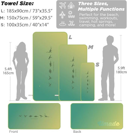 Umade Microfiber Quick Dry Towel, Gym & Hiking Towel Extra Long (40” x 14”) Highly Absorbent, Compact, Lightweight for Face Hair Workout Jogging (Dinosaur (Golden Canopy Green))