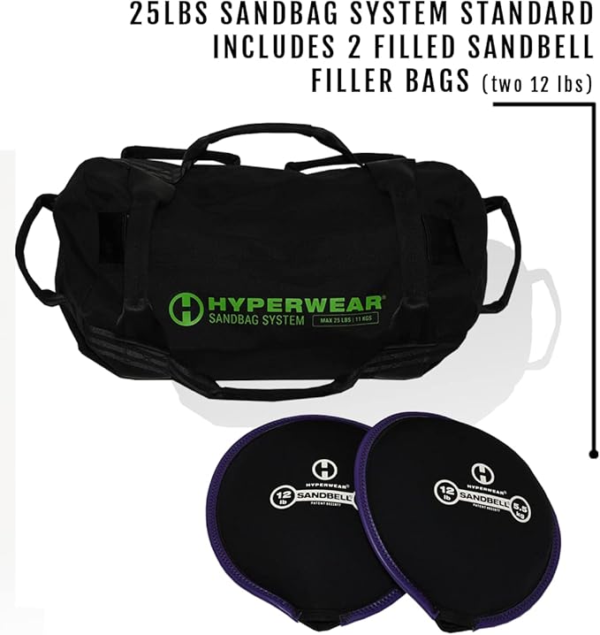 HYPERWEAR Adjustable Sandbag System, Heavy-Duty with Handles & Pre-Filled SandBell Filler Sandbags (25, 40, 80, 160 lbs)