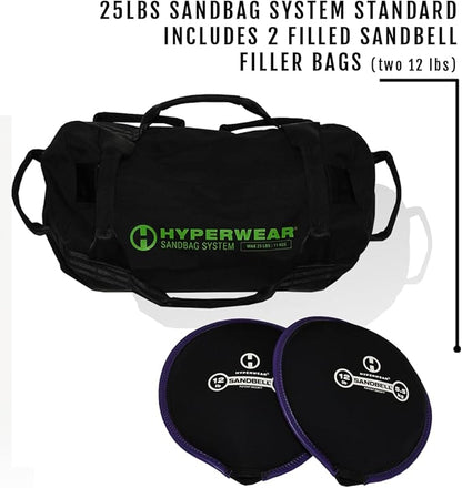 HYPERWEAR Adjustable Sandbag System, Heavy-Duty with Handles & Pre-Filled SandBell Filler Sandbags (25, 40, 80, 160 lbs)