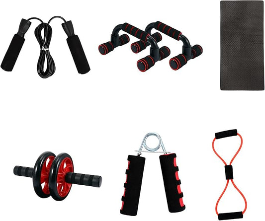 Abdominal Wheel Roller Set, Red Dual-wheel Exercise Roller with 7pcs Core Training Kit, Unisex Ab Workout Equipment for Home Fitness and Strength Training