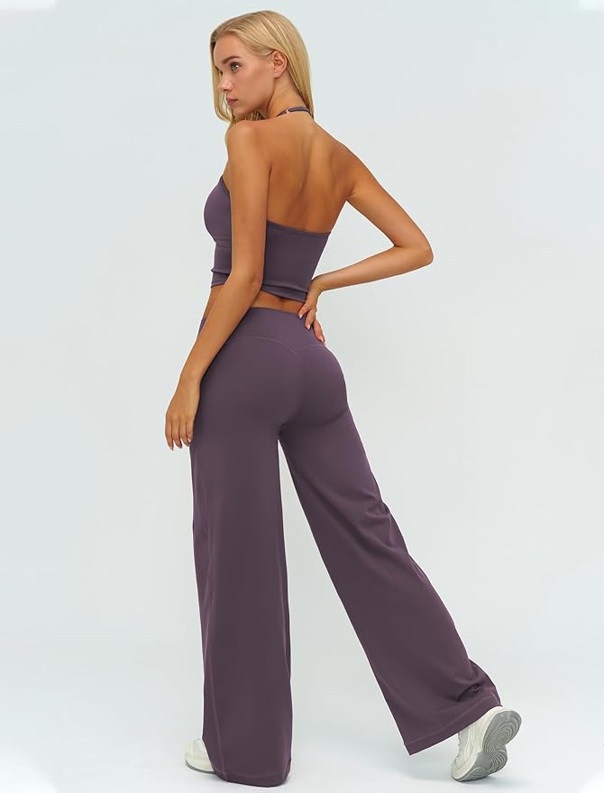 Womens Workout Sets Two Piece Spaghetti Straps Crop Top Matching Straight Leg Pants Gym Work Pilates Outfits