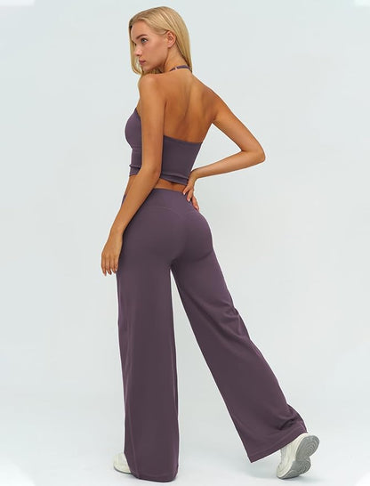 Womens Workout Sets Two Piece Spaghetti Straps Crop Top Matching Straight Leg Pants Gym Work Pilates Outfits