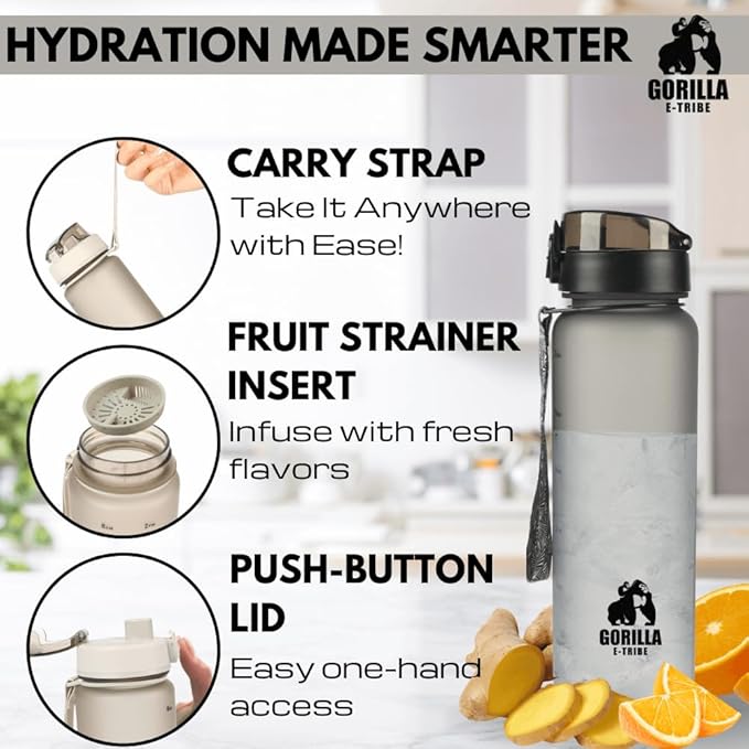 Black Water Bottle Time Marker (32oz) - Daily Intake Tracking - BPA Free & Leak Proof Protein Shake Bottle - Ideal for Gym, Office, School & Hiking