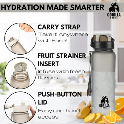 Black Water Bottle Time Marker (32oz) - Daily Intake Tracking - BPA Free & Leak Proof Protein Shake Bottle - Ideal for Gym, Office, School & Hiking