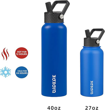 BJPKPK Insulated Water Bottles with Straw Lid, 27oz Stainless Steel Water Bottle with 3 Lids, Leak Proof BPA Free Metal Thermos Mug, Sports Water Bottle Keep Cold & Hot- Sapphire (Pack of 5)
