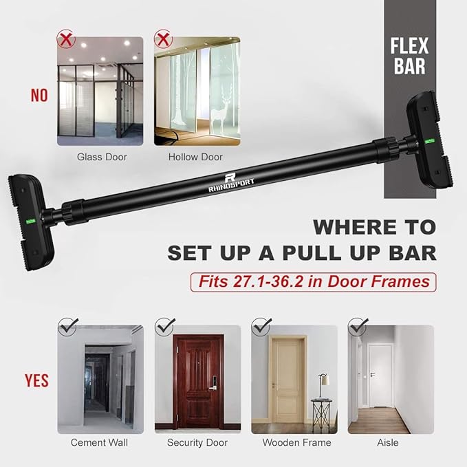 RHINOSPORT Door Pull Up Bar Doorway No-Screw from 69-92 cm (27.1in-36.2in) Workout Equipment for Home Gym Upper Body Workout Non-slip 2x EXTRA Foam Padding for Ultimate Door Frame Protection
