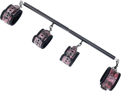 Heavy Duty Stainless Steel Expandable Spreader Bar with 4pcs PU Black--Pink Skull Pattern Detachable Adjustable Straps,Workout Bar for Home Indoor Gym Training Kit