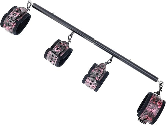 Heavy Duty Stainless Steel Expandable Spreader Bar with 4pcs PU Black--Pink Skull Pattern Detachable Adjustable Straps,Workout Bar for Home Indoor Gym Training Kit