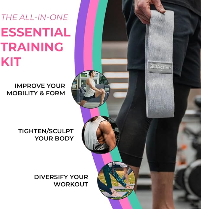3DActive Fabric Resistance Bands for Legs & Butt. Wide Non-Slip Hip Band Set for Home & Gym Workouts. Exercise Guide & Carry Bag Included.