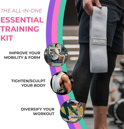 3DActive Fabric Resistance Bands for Legs & Butt. Wide Non-Slip Hip Band Set for Home & Gym Workouts. Exercise Guide & Carry Bag Included.