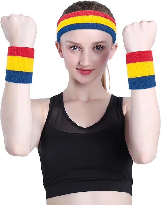 ONUPGO Sweatband Set Sports Headband Wristband Set Sweatbands Terry Cloth Wristband Wrist Sweatband Headbands Moisture Wicking Sweat Absorbing Head Band