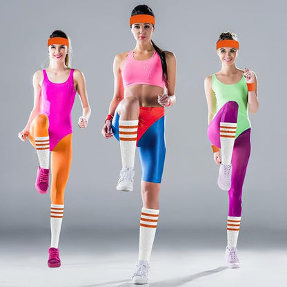 ONUPGO 5 Pieces Sweatbands Striped Socks Set Sports Headband Wristbands High Tube Socks 80s Accessories Costumes
