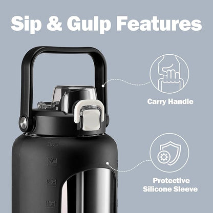72oz Glass Water Bottle with 2-IN-1 Straw &Chug Lid, Large Motivational Glass Bottle with Capacity Marker and Silicone Sleeve, 2.1Liter Gallon Water Jug for Home, Sports, Gym, BPA Free-Black