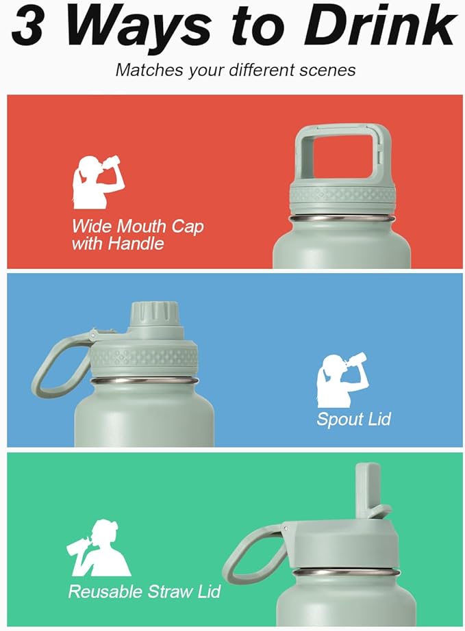 Coolflask Water Bottle 24 oz Insulated with Straw, Stainless Steel Metal 3 Lids Water Flask Wide Mouth for Sports or Office, Non-BPA Keep Cold Up to 48 Hrs or Hot Up to 24 Hrs, Grey Green