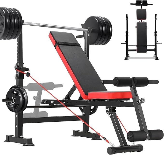 OPPSDECOR 900 LBS Weight Bench Set with Squat Rack, Adjustable Bench Press Set with Leg Extension and Leg Curl, Foldable Flat/Incline/Decline Workout Bench for Home Gym
