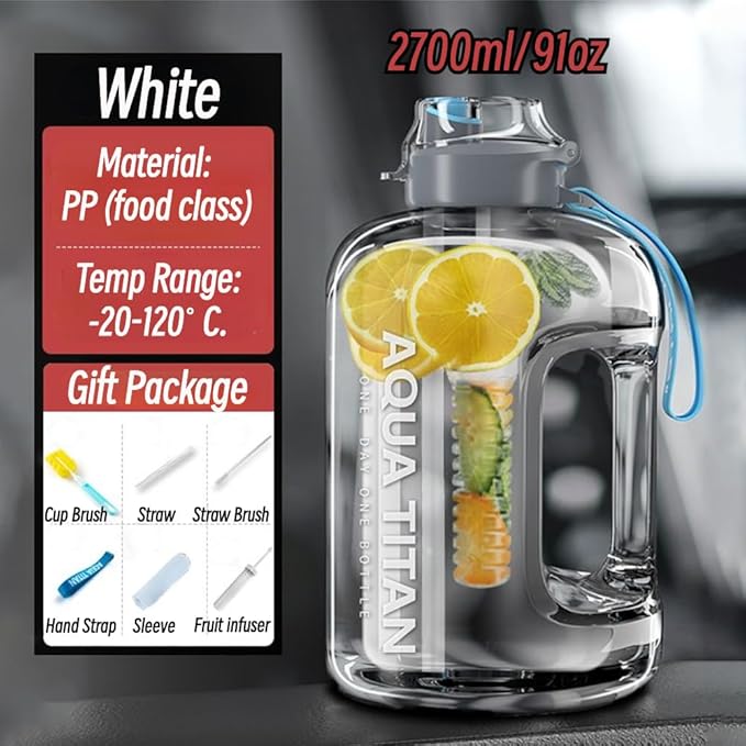 Gym Water Bottle with Straw and Time Marker (74oz-135oz) for Work, Hiking, Gym Large Capacity for Men and Women (White(PP+6 gifts), 91oz/2700ml)