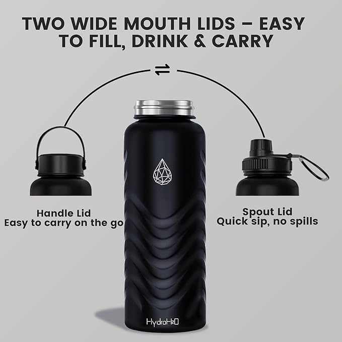 24oz Stainless Steel Insulated Water Bottle, 48H Cold & 24H Hot, Leak-Proof Wide Mouth Lids (Straw & Spout), BPA-Free Bottles, Mens Water Bottle for Gym, Hiking, Travel - Black