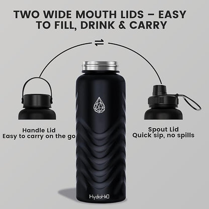 24oz Stainless Steel Insulated Water Bottle, 48H Cold & 24H Hot, Leak-Proof Wide Mouth Lids (Straw & Spout), BPA-Free Bottles, Mens Water Bottle for Gym, Hiking, Travel - Black