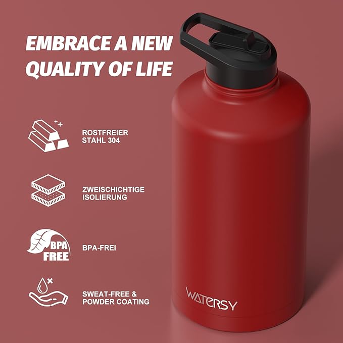 87oz Insulated Water Bottle (Cold for 48 Hrs),BPA Free&Leak Proof,1.5 Gallon Stainless Steel Water Flask,Water Jug with Straw Spout Lids for Gym,Hiking,Camping,Red