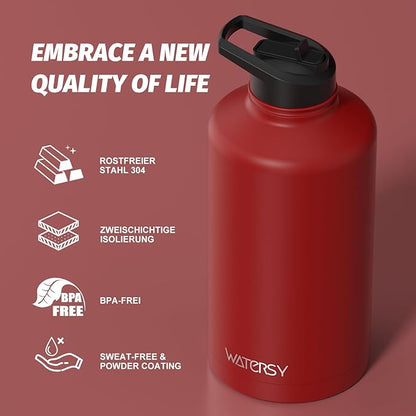 87oz Insulated Water Bottle (Cold for 48 Hrs),BPA Free&Leak Proof,1.5 Gallon Stainless Steel Water Flask,Water Jug with Straw Spout Lids for Gym,Hiking,Camping,Red