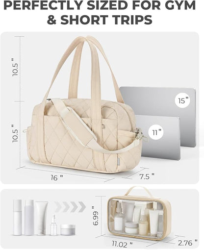 Percover Women Gym Bag with Toiletry Organizer Pouch, Quilted Workout Duffle with Compartments for Daily Fitness & Yoga, Locker-Friendly Soft Carry, Ivory Beige