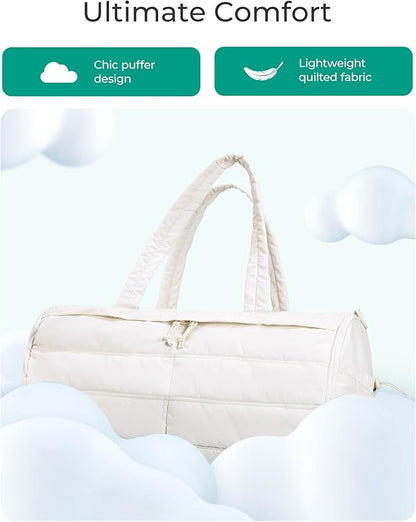 BAGSMART Puffer Gym Bag for Women, Lightweight Duffel Bag with Shoe Compartment, Weekender Bags with Wet Pocket, Workout Overnight Carry on Bag for Travel, Beige