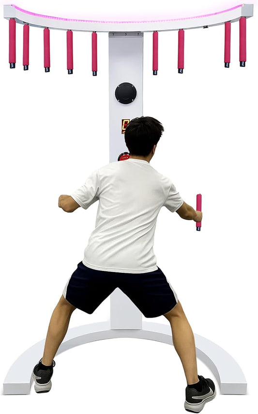 CAMINI Reflex Stick Challenge Game, Adjustable Speed Hand-Eye Coordination Trainer Arcade Machine for Events, Rentals, and Family Game Nights, LED Light & Music Reaction (White)