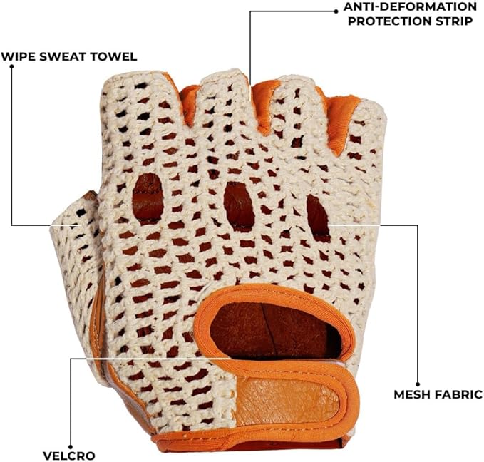 Real Soft Leather Crochet Net Fingerless Driving Weight Training Cycling Wheelchair Gloves W-1037