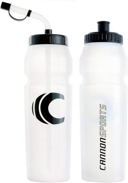 Cannon Sports 1 Liter Sports Water Bottle, BPA-Free, 34 Oz Capacity, Large Mouth, 2 lids (Straw and Squeeze), Great For Helmet Sports Such As Hockey, Lacrosse, Football, Boxing (2 Pack) (Clear)