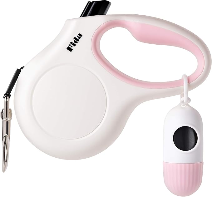 Fida Retractable Dog Leash with Dispenser and Poop Bags, 10 ft Pet Walking Leash for X-Small Dog or Cat up to 18 lbs, Anti-Slip Handle, Tangle Free, Reflective Nylon Tape (XS, White)