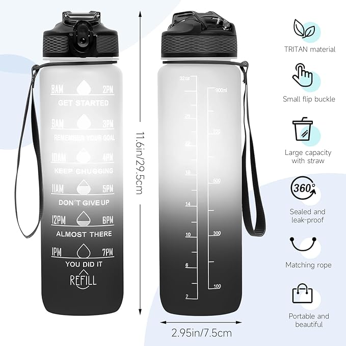 32 oz Water Bottles with Times to Drink and Straw, Motivational Water Bottle with Time Marker, Leakproof & BPA Free, Drinking Sports Water Bottle WIth Hand Strap for Fitness, Gym & Outdoor (white)