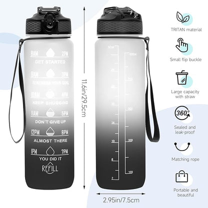 32 oz Motivational Water Bottle with Time Marker,Water Bottles with Times to Drink and Straw with Carrying Strap,Perfect For Fitness Gym Outdoor,BPA Free (Black & White Gradient)
