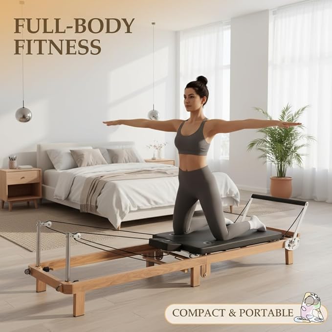Foldable Pilates Reformer & Pilates Square Box Set–90% Pre-Assembled Home Gym Women Men Workouts Bundle, Dual Resistance System (Springs + Latex), Jumpboard & Adjustable Foot Bar for All Levels