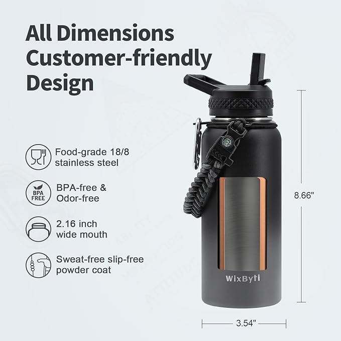 32 oz Insulated Water Bottle with Straw, Stainless Steel Triple Wall Vacuum Sports Water Jug, Leakproof Hydro Cup Flask with Paracord Handle & Straw Spout Lids & DIY Stickers