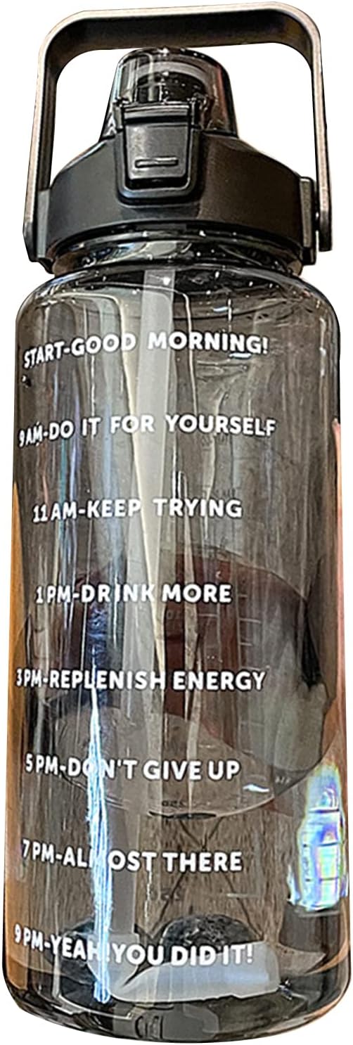 Sports Water Bottle with Straw, 2000ML Large Capacity Plastic Water Cup with Time Water Bottle Portable Strap Transparent Drinking Water Bottle with Times Scale for Gym Outdoor Fitness(Black)