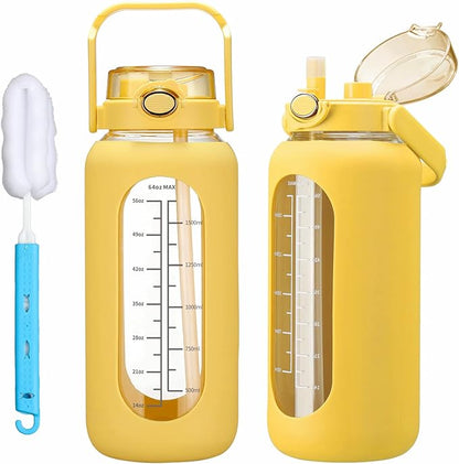 42oz/52oz/64oz Glass Water Bolttles with Straw Half Gallon Large Motivational Water Bottle with Time Marker Sports Water Bottles with Silicone Sleeve and Handle Lid Water Jug for Gym Workout