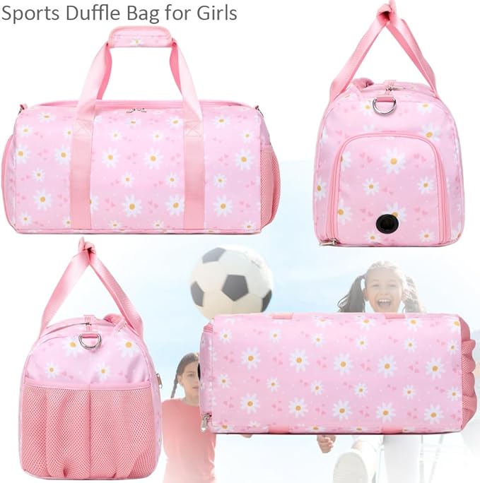 Sports Duffel Bag for Girls Daisy Dance Bag for Girls Water Resistant Sports Gym Bag Weekend Sleepover Bags with Shoes Compartment Wet Pocket