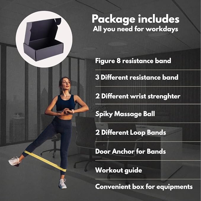 Office Workout Kit for Desk Workers – Resistance Bands, Loop Bands, Massage Ball, Wrist Strengthener & Exercise Guide – Quick 5-Minute Desk Exercises for Legs, Arms, Neck, Shoulders & Back
