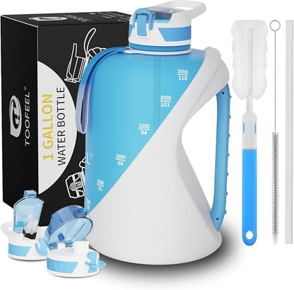 TOOFEEL 1 Gallon Water Bottle with Straw & Chug Lid,BPA Free,Leak-Proof, Dishwasher Safe,128 oz Large Water Jug with Strap,Sports & Travel & Gym Water Bottle for Men and Women - Light Blue and White