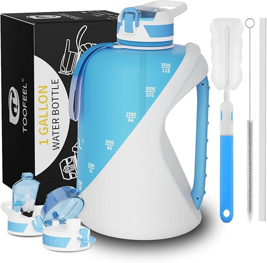 TOOFEEL 1 Gallon Water Bottle with Straw & Chug Lid,BPA Free,Leak-Proof, Dishwasher Safe,128 oz Large Water Jug with Strap,Sports & Travel & Gym Water Bottle for Men and Women - Light Blue and White