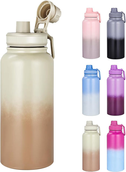 Motivational Water Bottle 32oz with Time Marker- Leakproof & BPA Free Sports Water Bottle with Straw & Carry Strap for Gym, Travel and Outdoor Sports (Stainless steel insulation-Brwom)