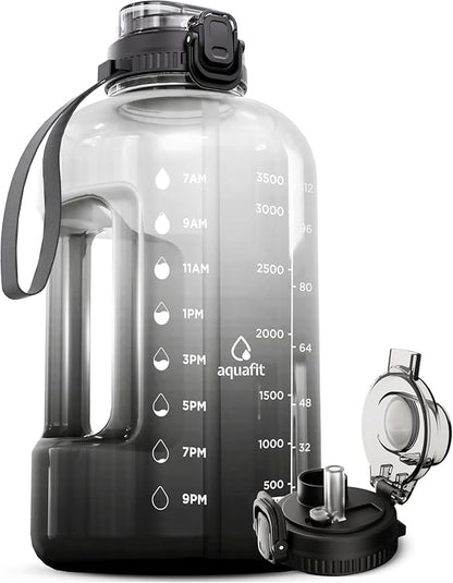 AQUAFIT 1 Gallon Water Bottle with Time Marker - Straw & Chug Lid - BPA Free Gym Water Bottle with Straw - Big Gallon Jug (Midnight Black, 128 oz - 2in1 Lid)