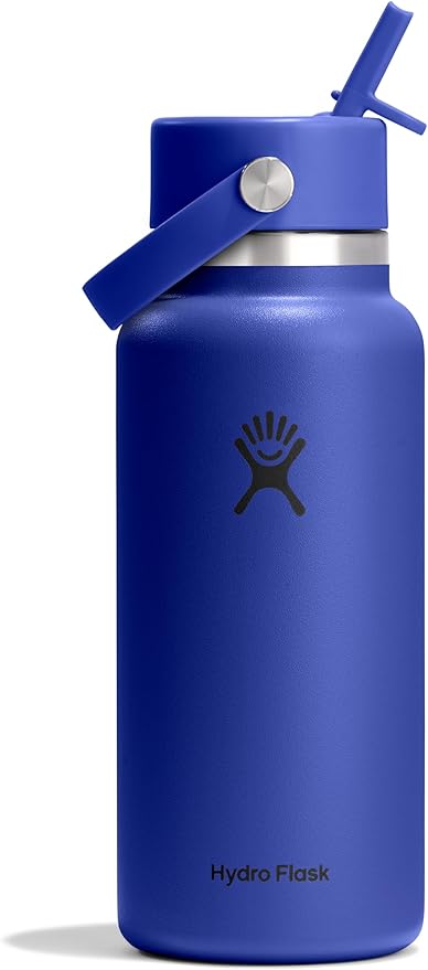 Hydro Flask Water Bottle - Insulated Stainless Steel - Wide Mouth Flex Straw Lid, Non Spill, Leakproof and Refillable in 32 Oz Capri Blue