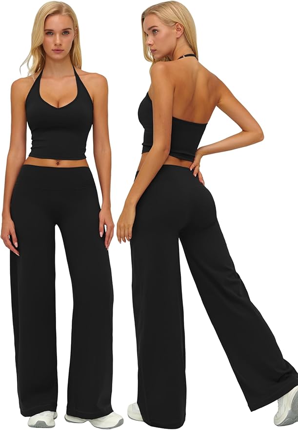 Womens Workout Sets Two Piece Spaghetti Straps Crop Top Matching Straight Leg Pants Gym Work Pilates Outfits