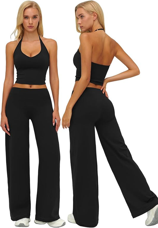 Womens Workout Sets Two Piece Spaghetti Straps Crop Top Matching Straight Leg Pants Gym Work Pilates Outfits