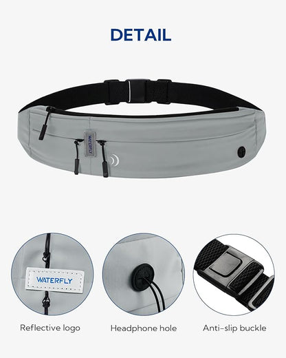WATERFLY Running Belt Fanny Pack: Runner Marathon Jogging Waist Pack Sport Workout Exercise Fitness Phone Holder Belt for Men Women Jogger Slim Waistband